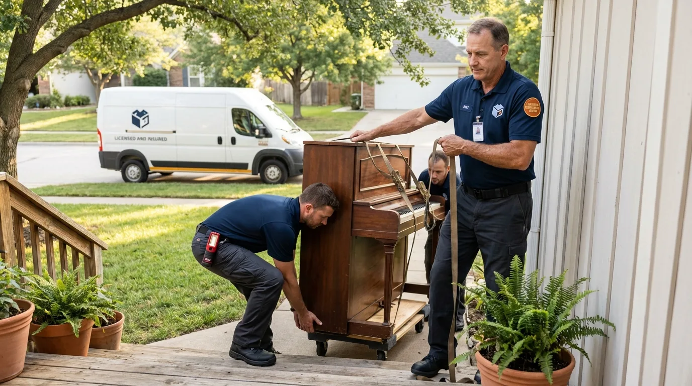 Licensed piano movers securing grand piano in Cowarts, AL